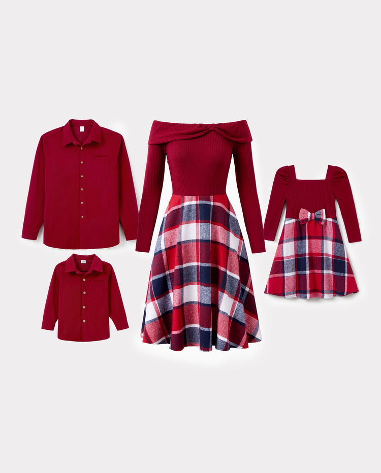 Passendes Familienoutfit-Set Langarmhemd und schulterfreies langärmeliges kariertes Strickkleid mit Spleißen Burgundy