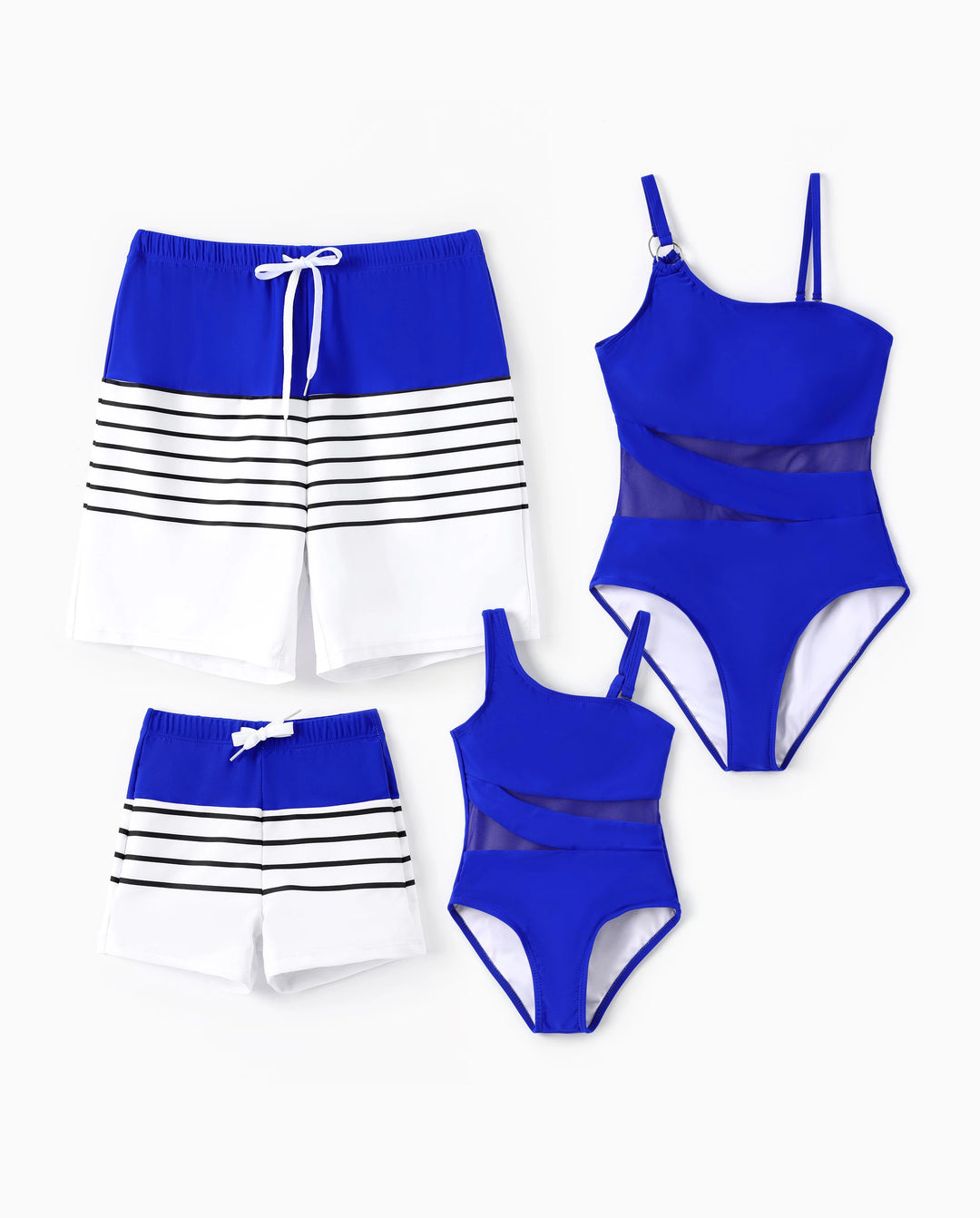 Passende blaue Badehose mit Kordelzug oder blauer Badeanzug mit einteiligen Trägern
 blau