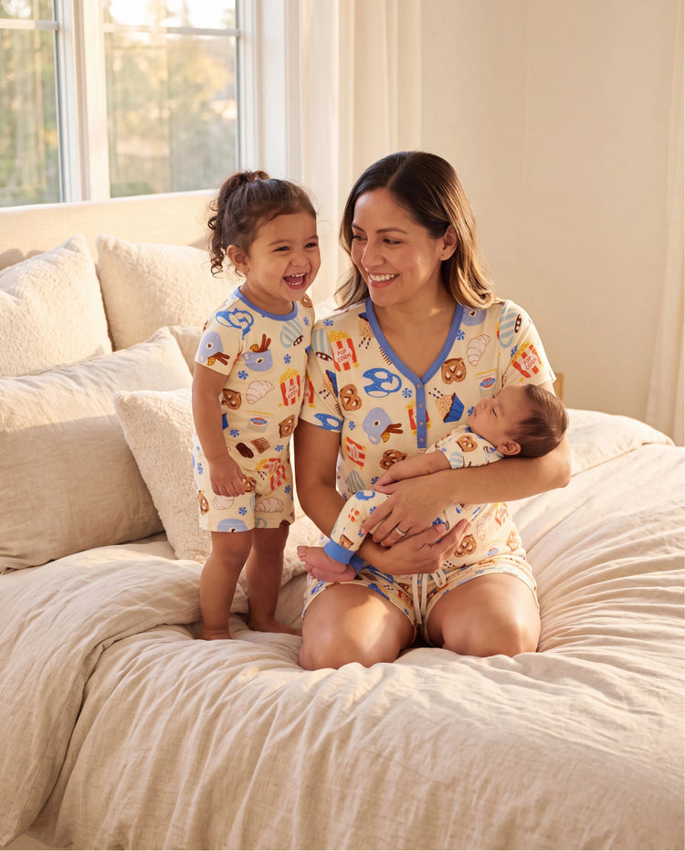 Mommy & me Bambus-Pyjamas Buttrig weiche Bambusviskose-PJs für Männer, Frauen, Kinder, Kleinkinder, Babys, Gemütliche Dessert-Motiv Kurzarm-Schlafanzüge Blau