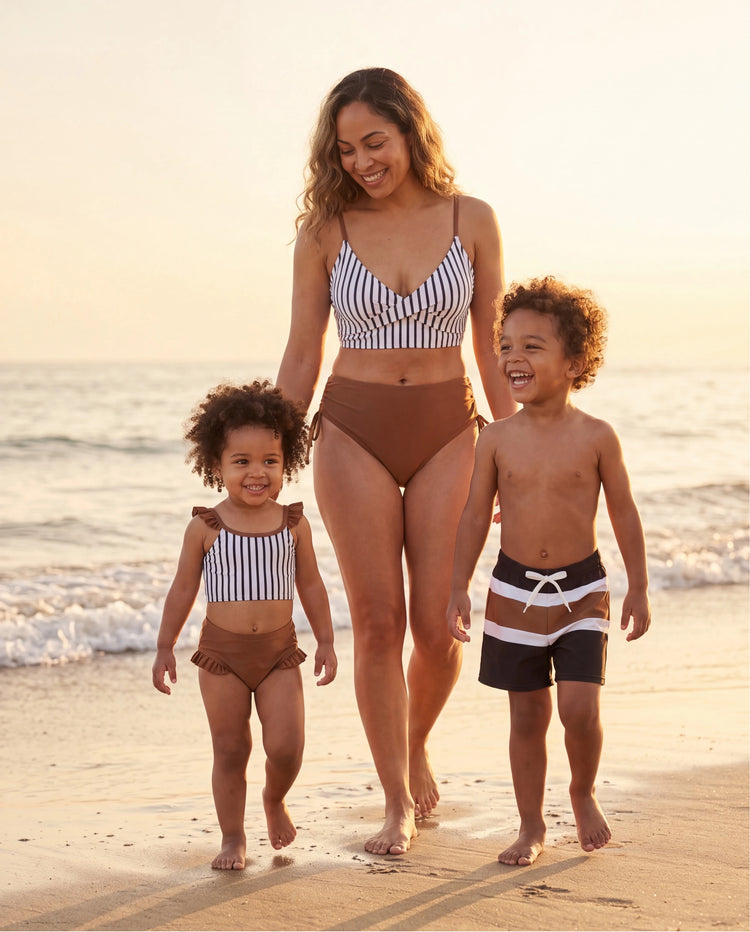 Trajes de baño a juego para mamá y yo con bloques de color Conjunto de bikini a rayas y pantalones cortos de baño Bloques de color