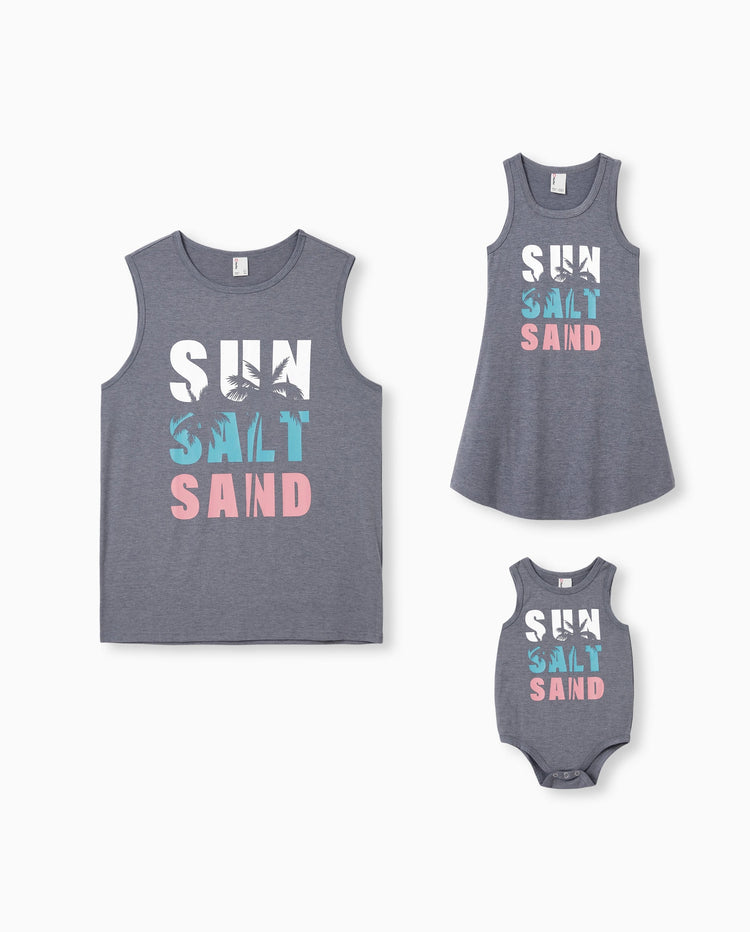 Daddy & Tochter Ärmelloses Tanktop mit Buchstabenprint oder Tankkleid-Set Grau