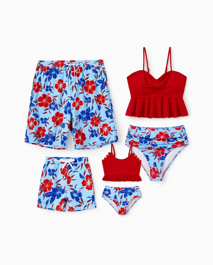 Familien-Matching-Badebekleidung mit Blumenprint – Bikini- und Badehosen-Set für Mama, Papa und Kinder, perfekt für Sommertage am Strand und Poolpartys in Rot.
