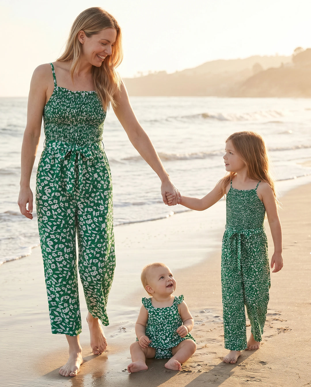 Matching Floral Print Green Smocked Strap Jumpsuits for Mommy and Me Green