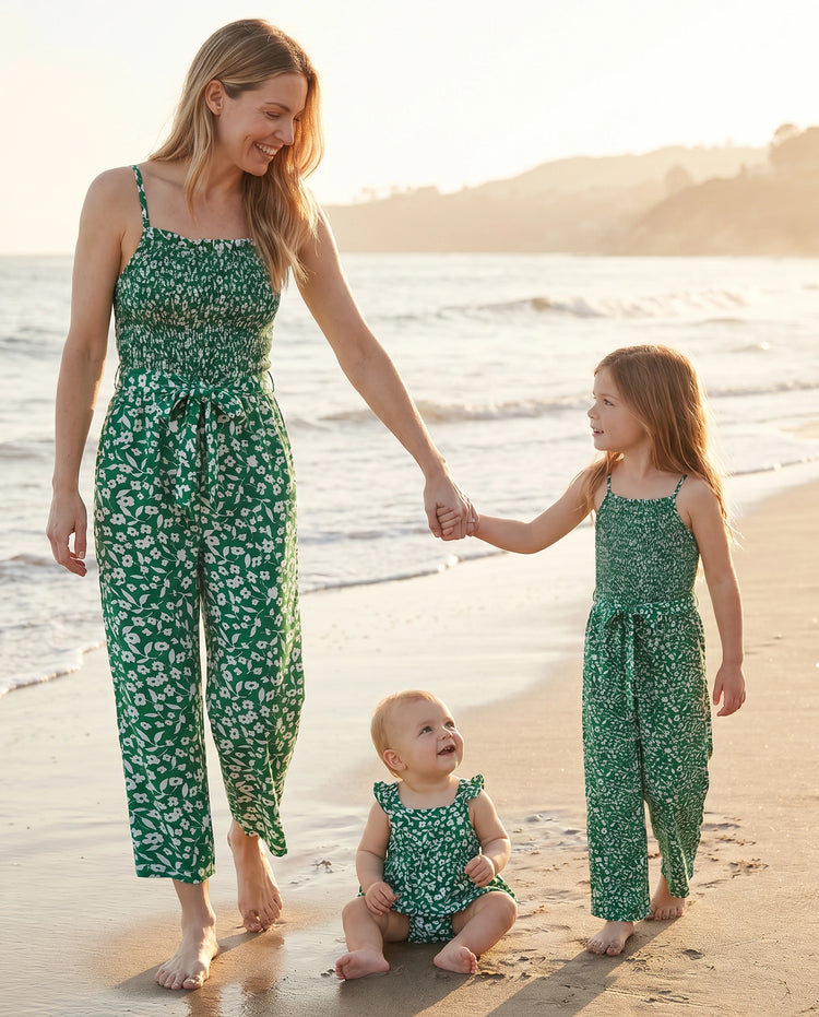 Matching Floral Print Green Smocked Strap Jumpsuits for Mommy and Me Green