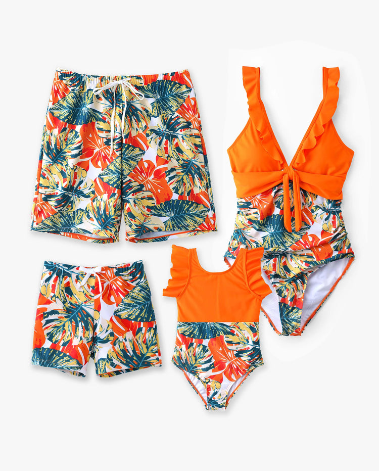Family Matching Orange and All Over Tropical Plant Print Splicing Ruffle One-Piece Swimsuit and Swim Trunks Shorts Orange color
