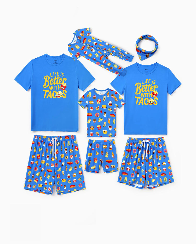 Pijamas de Bambú a Juego para la Familia Pijamas Suaves de Bambú para Hombres, Mujeres, Niños y Bebés, Pijama de Manga Corta con Estampado de Hamburguesa y Papas Fritas (Ajustado para Niños) Azul Real