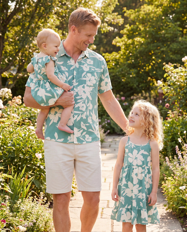 Daddy & Daughter Leaf Print Green Short-sleeve Shirt or Sling Shirred Dress Set Green