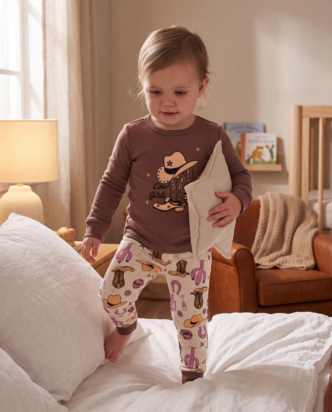 Toddler / Kids 4-piece Organic Cotton Pajamas 4-in 1 Snug fit PaJama Set for Girls Brown
