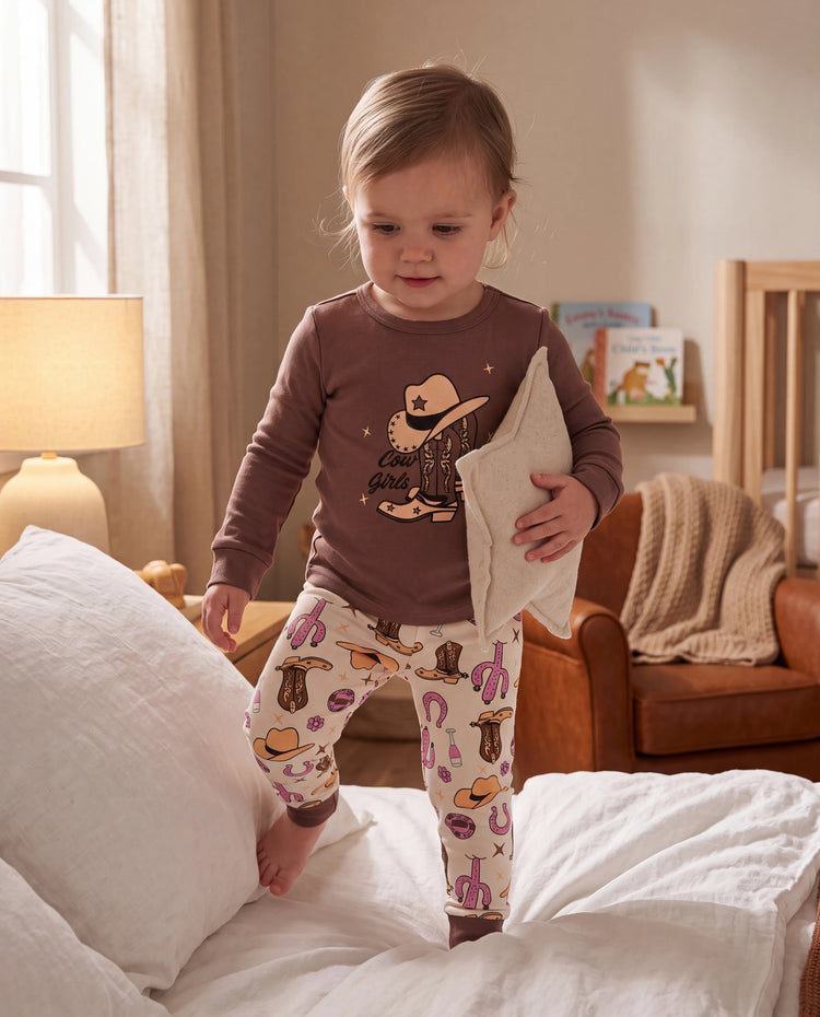 Toddler / Kids 4-piece Organic Cotton Pajamas 4-in 1 Snug fit PaJama Set for Girls Brown
