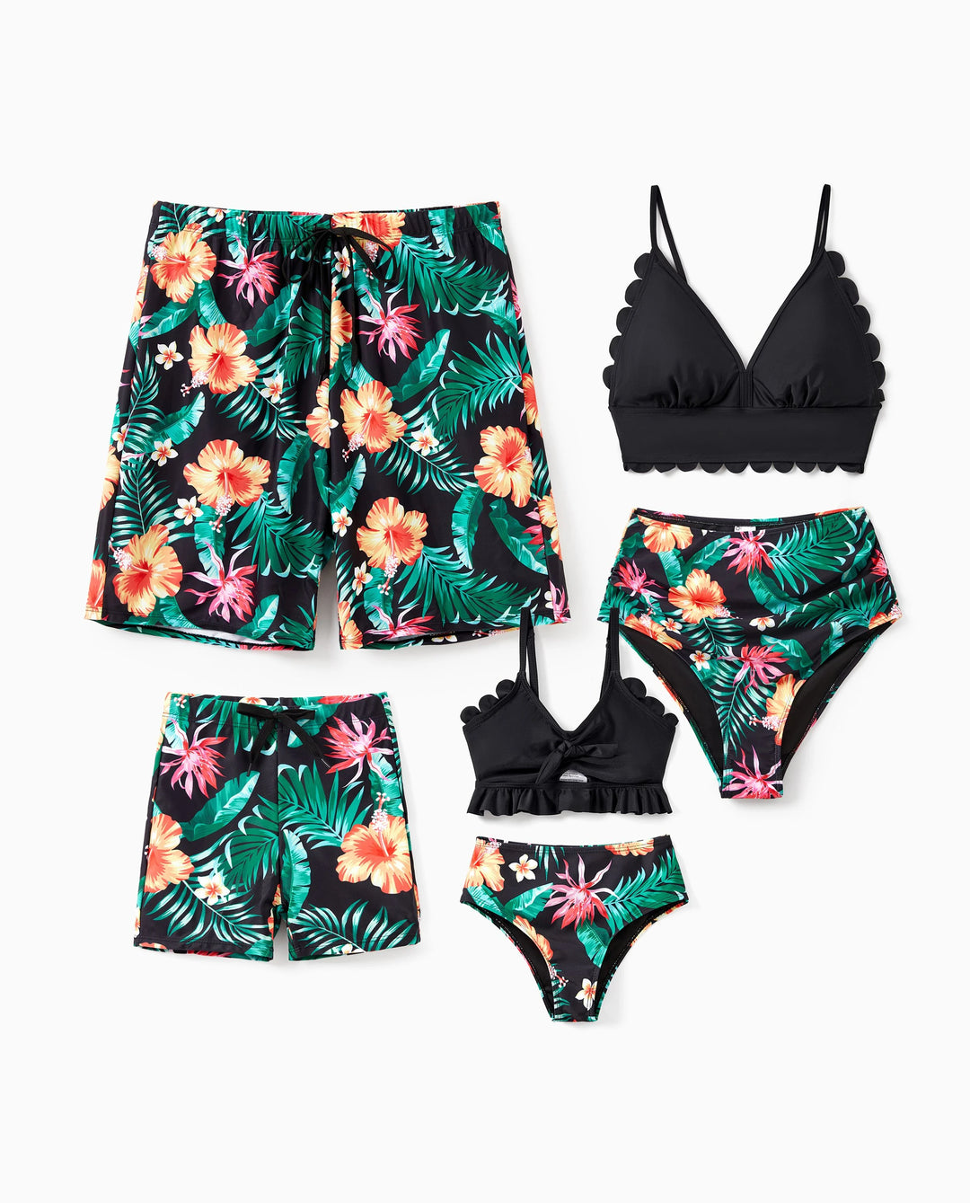 Ensemble maillots assortis famille à imprimé tropical – bikini col V et short de bain, couleur noir