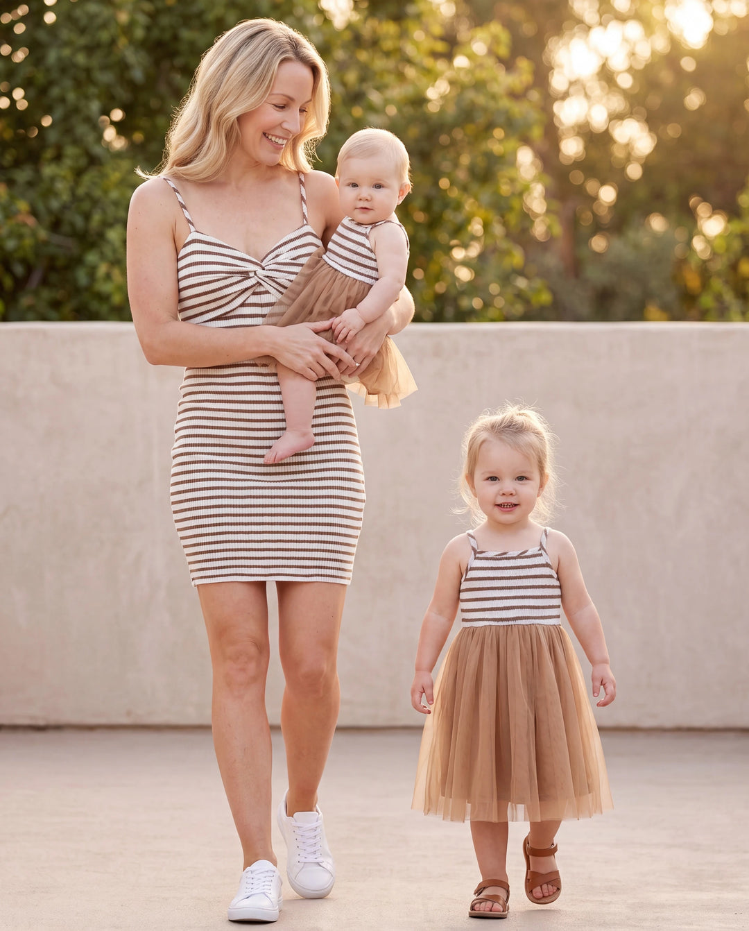 Matching Striped Dresses for Mommy & Me  Twist-Front Dress with Tulle Skirt, Perfect for Summer Family Outings & Photos Khaki