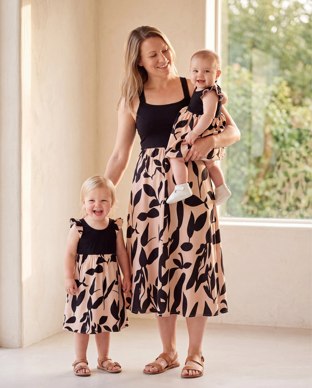 Mommy & me Cross Back Floral Strap Dress and Colorblock Top Sets Black