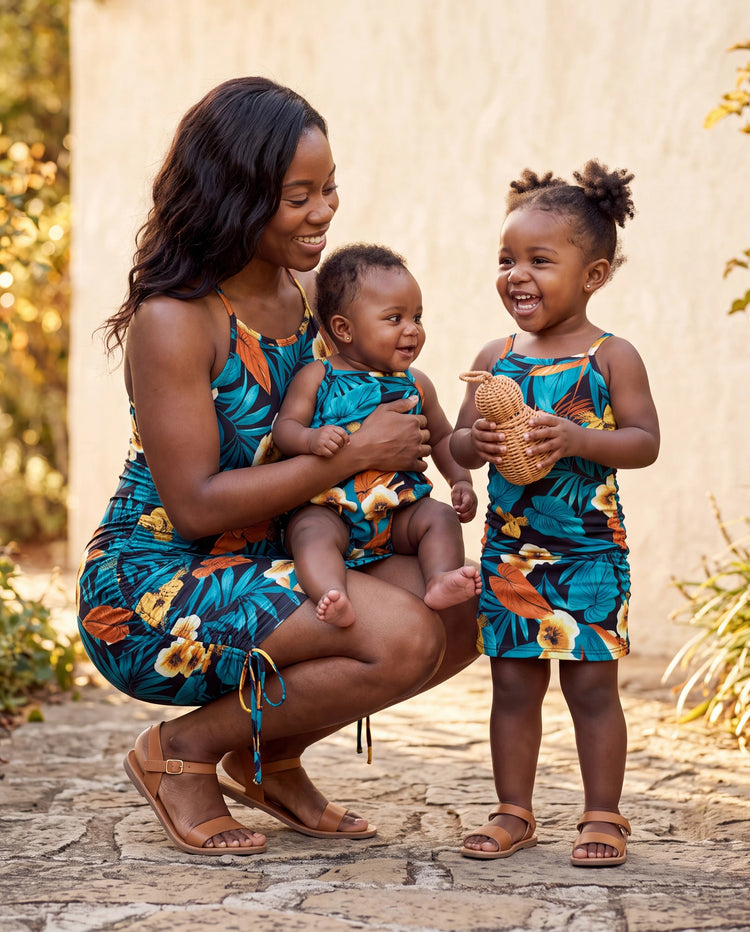 Ensembles Robe Maman & Moi à Imprimé Floral avec Cordon Froncé et Bretelles Noirs