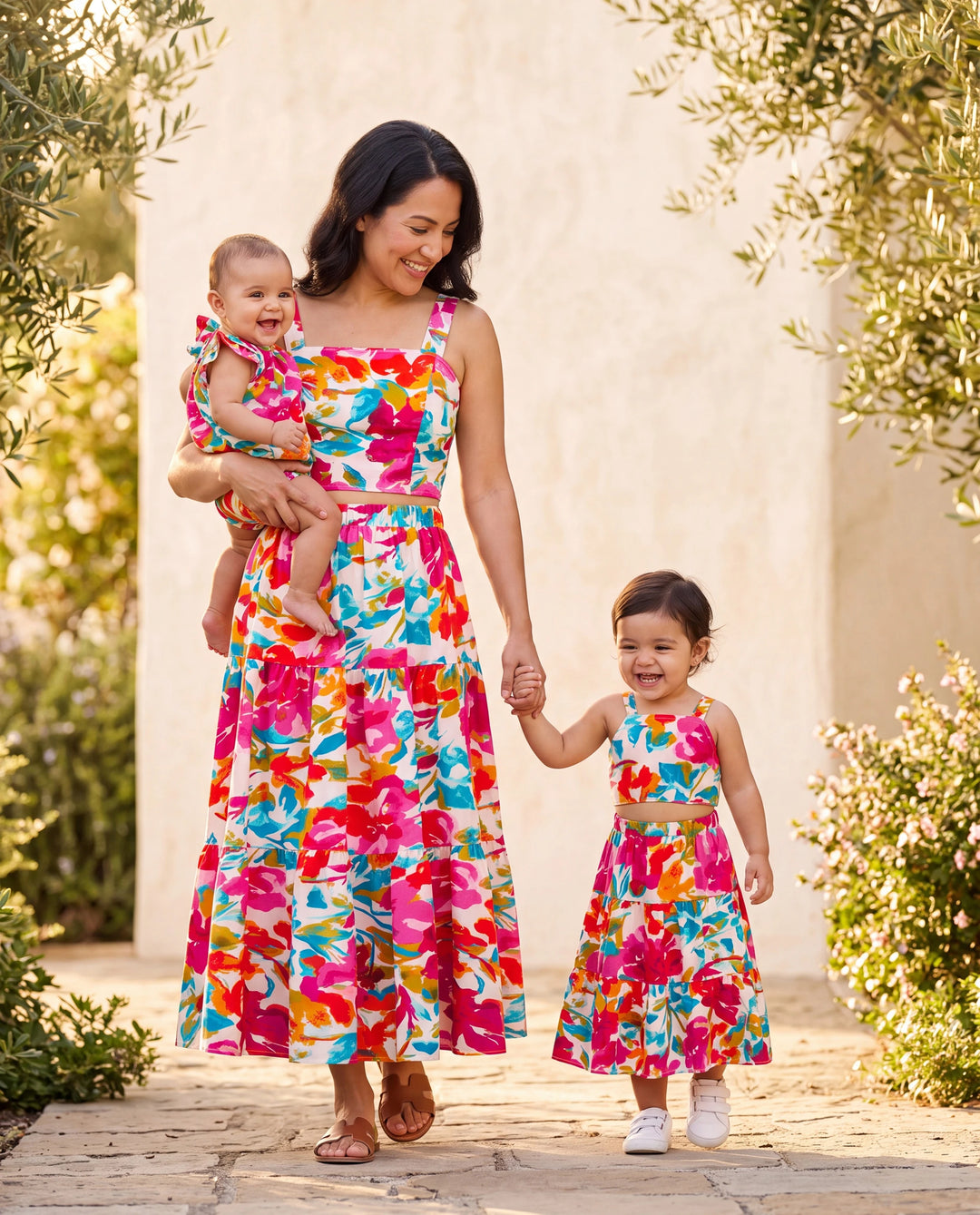 Colorful Mommy & me Outfits Sleeveless Strap Top and Skirt Co-ord Set & Shirt Sets Summer Vacation Clothe for Beach, Photoshoots, Travel Hot Pink