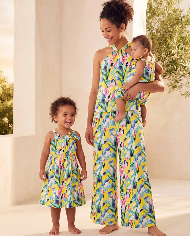 Mommy and Me Casual Outfits Floral Print Camisole Top and Wide-leg Pants Set for Mom Strappy Dress for girl, Bodysuit for Baby Girl Yellow