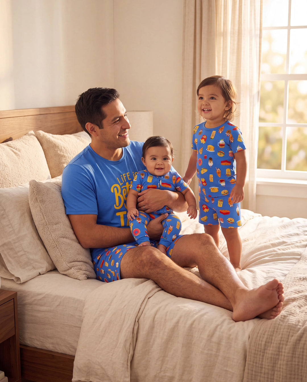 Daddy & Son Bamboo Pajamas Buttery Soft Bamboo PJs for Men Women Kids Toddler, Cute Burger & Fries Print Short Sleeve Sleepwear (Snug-Fitting for Children) Royal Blue