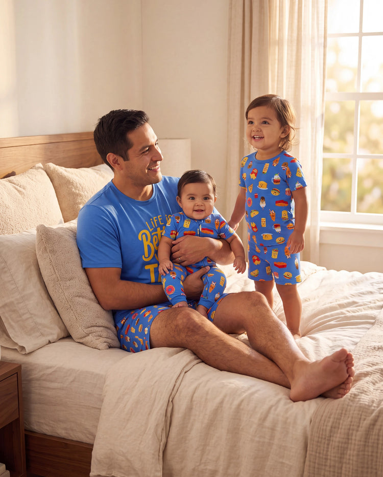 Daddy & Son Bamboo Pajamas Buttery Soft Bamboo PJs for Men Women Kids Toddler, Cute Burger & Fries Print Short Sleeve Sleepwear (Snug-Fitting for Children) Royal Blue