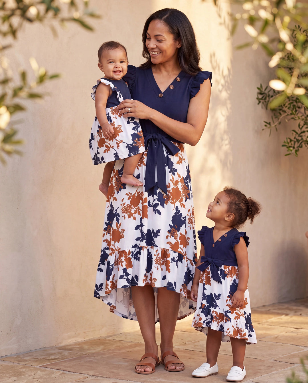 Mommy and Me Family Matching Casual Dress Solid Color, Fabric Stitching royalblue