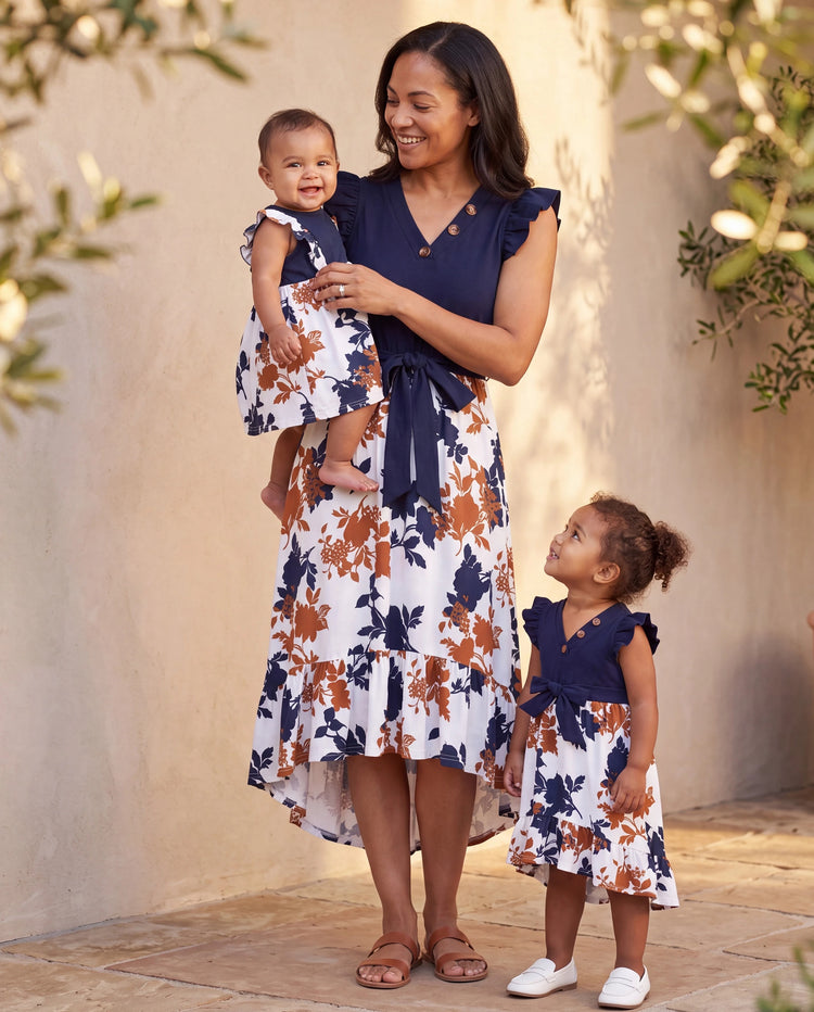 Mommy and Me Family Matching Casual Dress Solid Color, Fabric Stitching royalblue