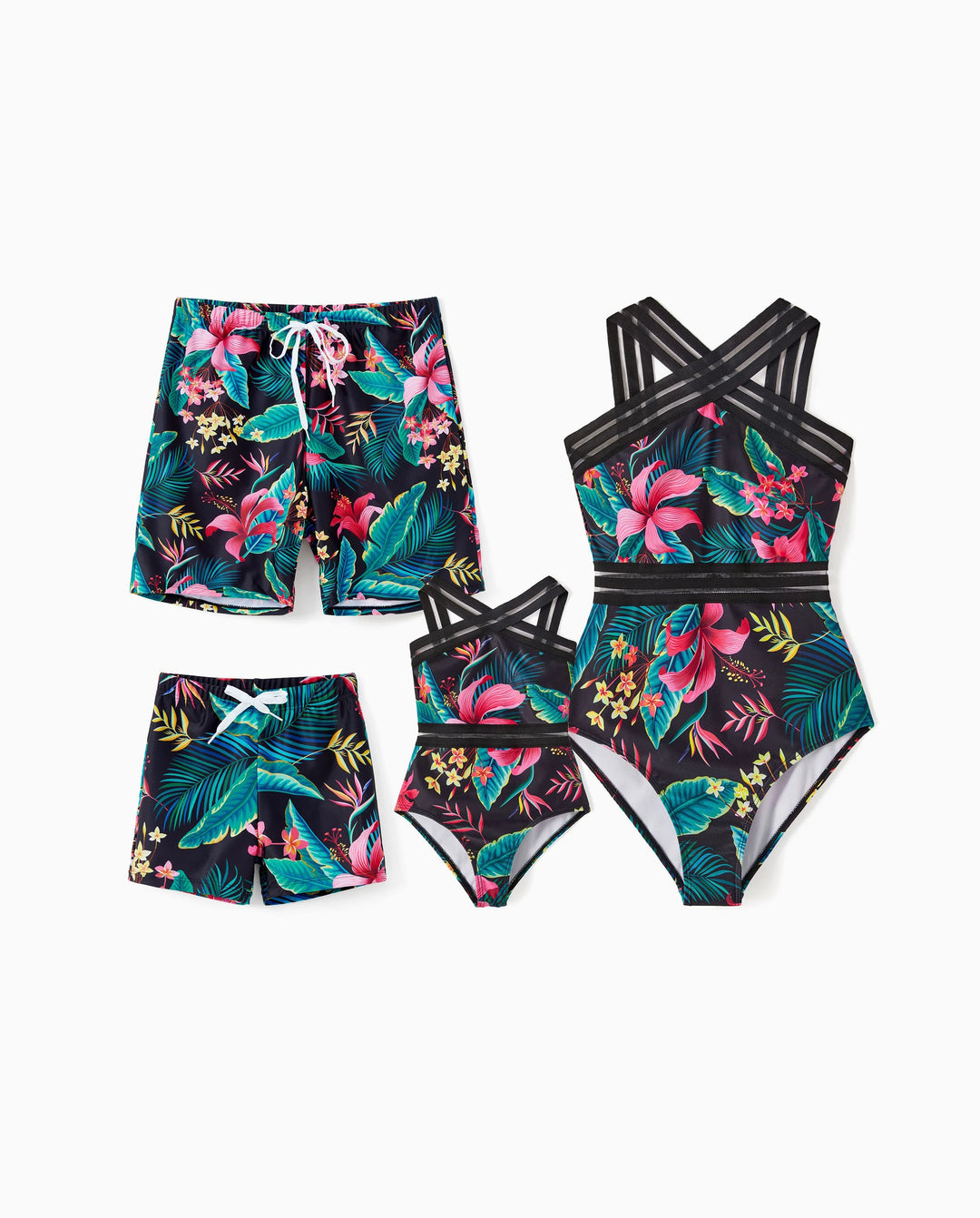 Family Matching Allover Plant Print Crisscross One-Piece Swimsuit and Swim Trunks Black