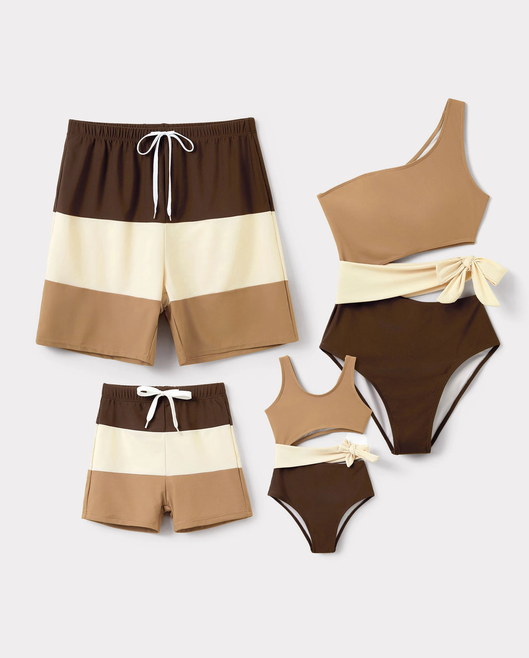 Trajes de baño familiares a juego bicolor, bikini de un solo hombro con recorte para mamá y yo, bañadores bicolor para papá e hijo, ropa de playa para vacaciones de verano Café
