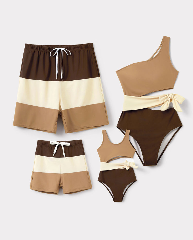 Trajes de baño familiares a juego bicolor, bikini de un solo hombro con recorte para mamá y yo, bañadores bicolor para papá e hijo, ropa de playa para vacaciones de verano Café