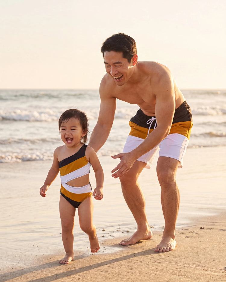 Daddy & Daughter Colorblock Swim Trunks Shorts or Cut Out Waist One-Shoulder One-piece Swimsuit Multi-color