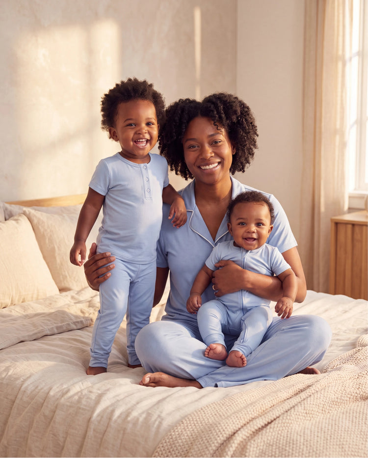 Mommy & me Bamboo Pajamas Soft Bamboo Viscose PJs for Men Women Kids Toddler Baby, Classic Blue Short-sleeve Sleepwear with Button-Down Shirt and Pants Blue grey