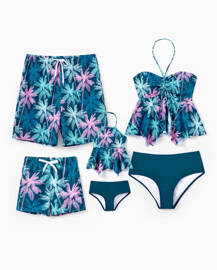 Trajes de baño familiares a juego con estampado tropical de palmeras, traje de baño de dos piezas con volantes para mamá y yo, bañadores para papá e hijo, ropa de playa para vacaciones Turquesa