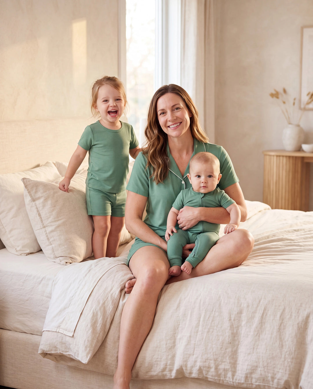 Mommy & me Bamboo Pajamas Buttery Soft Bamboo Viscose PJs for Men Women Kids Toddler Baby, Solid Color Short Sleeve Shirt & Shorts Sleepwear Green