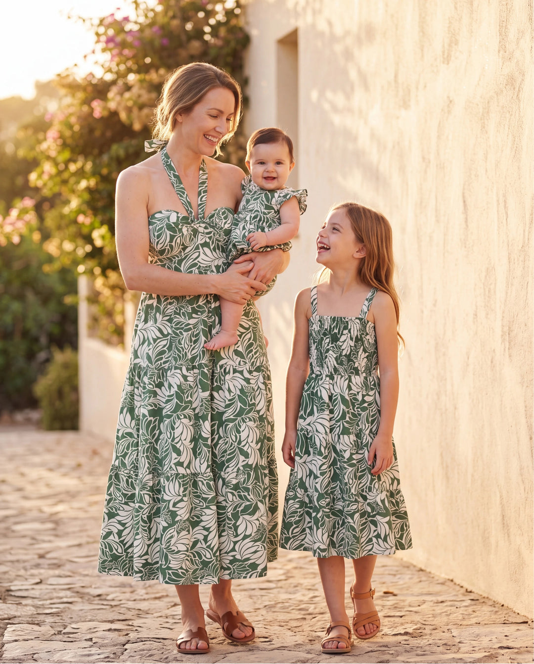 Conjunto de vestido halter con estampado de hojas para mamá y niña Verde