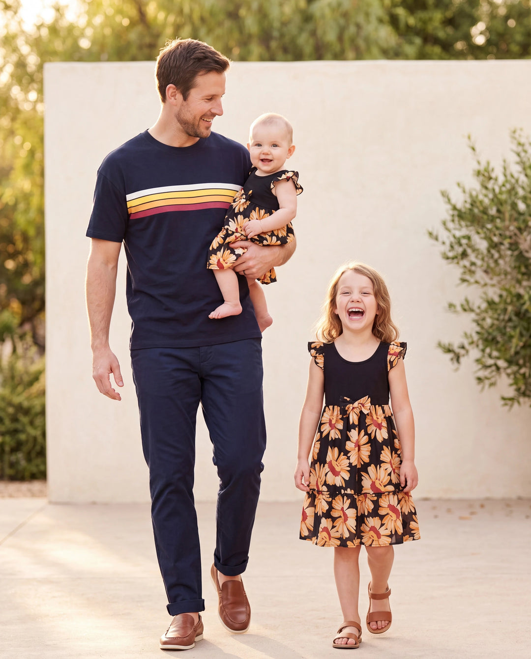 Daddy & Daughter Set Floral Sleeveless Strappy Dress or Colorblock Short-sleeve T-shirt Black
