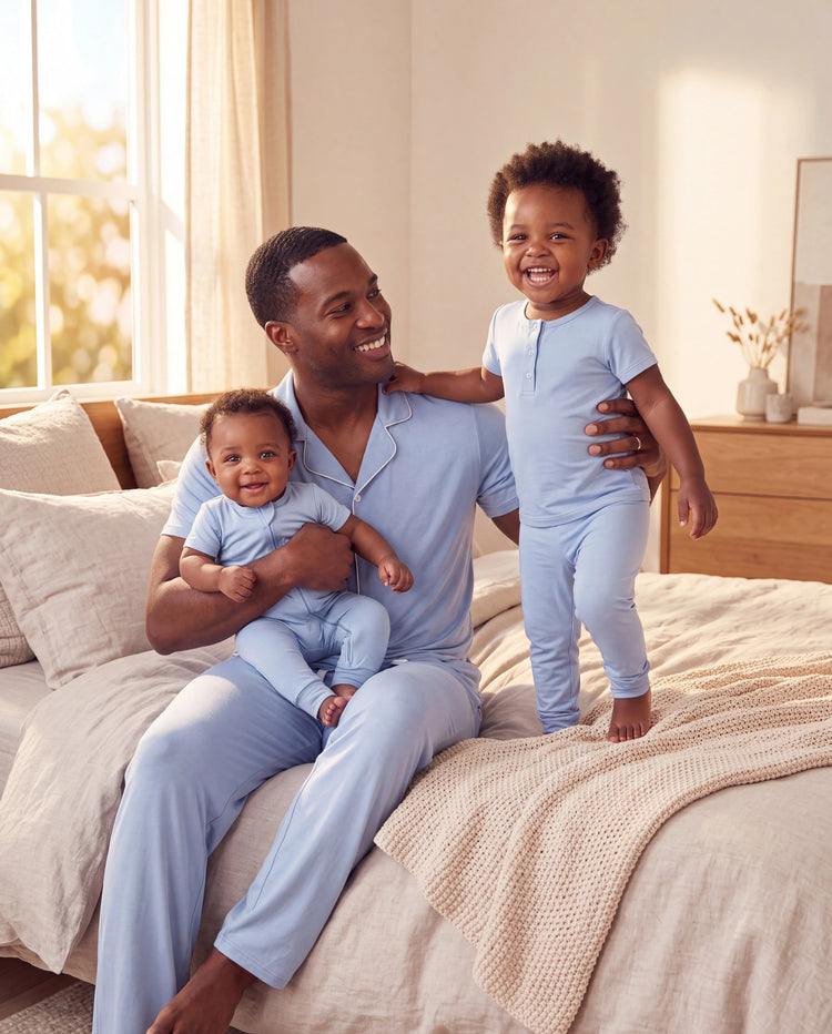 Pijamas de bambú para papá e hijo Pijamas suaves de viscosa de bambú para hombres, mujeres, niños, bebés, pijama clásico azul con camisa abotonada y pantalones azul grisáceo