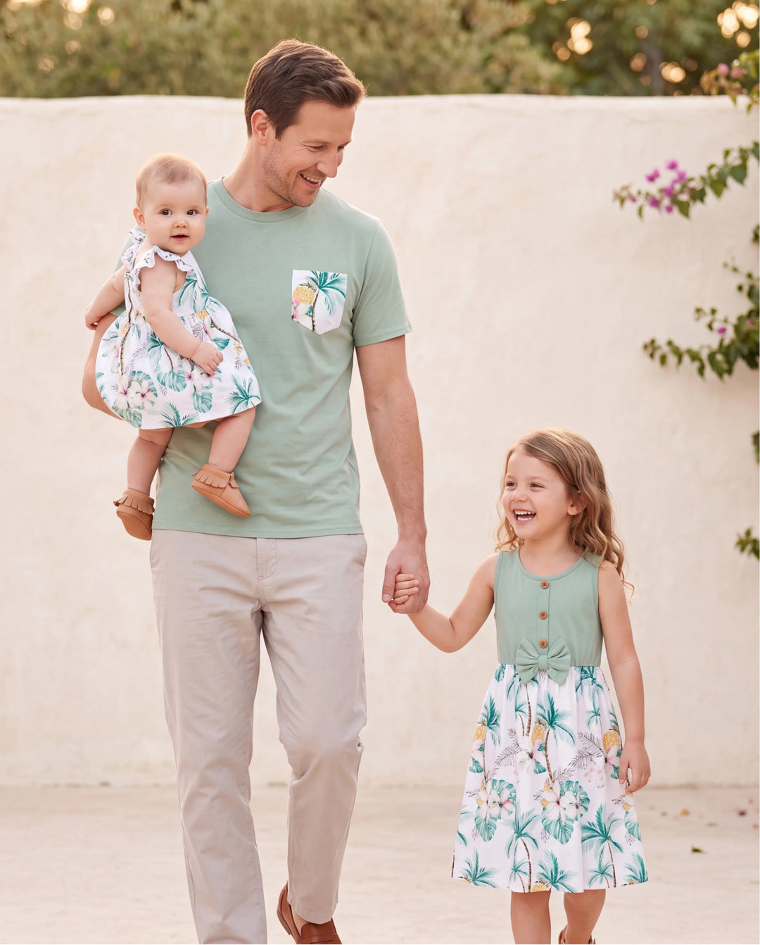 Daddy & Me Tropical Print Outfits,Daughter Tank Dress & Dad Cotton T-Shirt Set Green