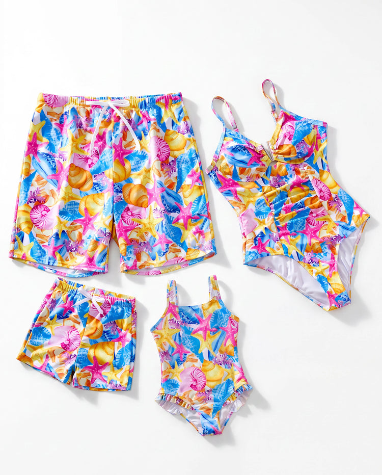 Maillots de bain assortis pour toute la famille à imprimé coquillages & étoiles de mer Maillot une pièce froncé & short de bain Multicolore