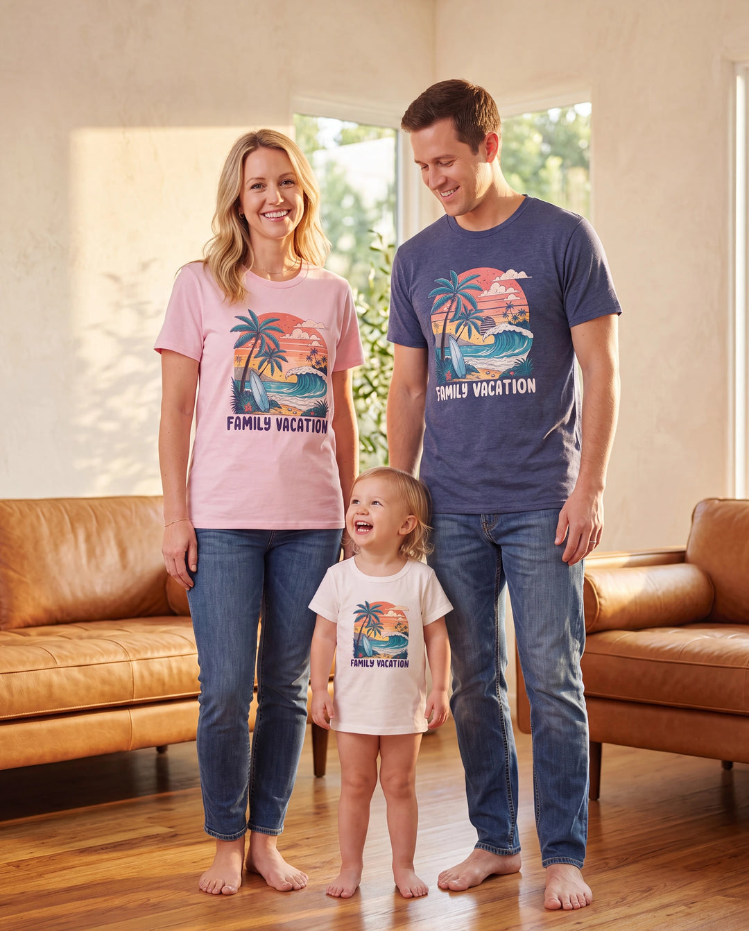 Familien-Matching „Family Vacation“ Baumwoll-T-Shirts mit tropischem Surf-Print in Mehrfarbig.