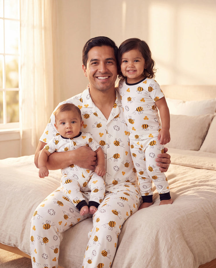 Pijamas de bambú para papá e hijo Pijamas suaves de viscosa de bambú para hombres, mujeres, niños, pijama con estampado de abeja linda con top de manga corta y pantalones largos blanco