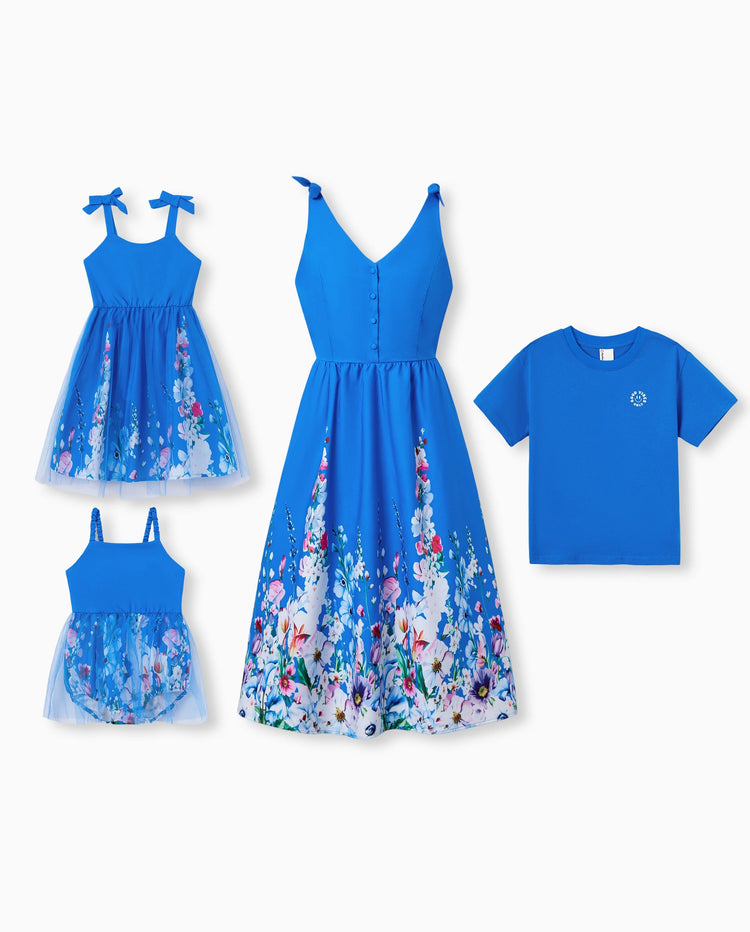 Mommy & me Outfits Set Floral Sleeveless Dress or Short-sleeve T-shirt Blue