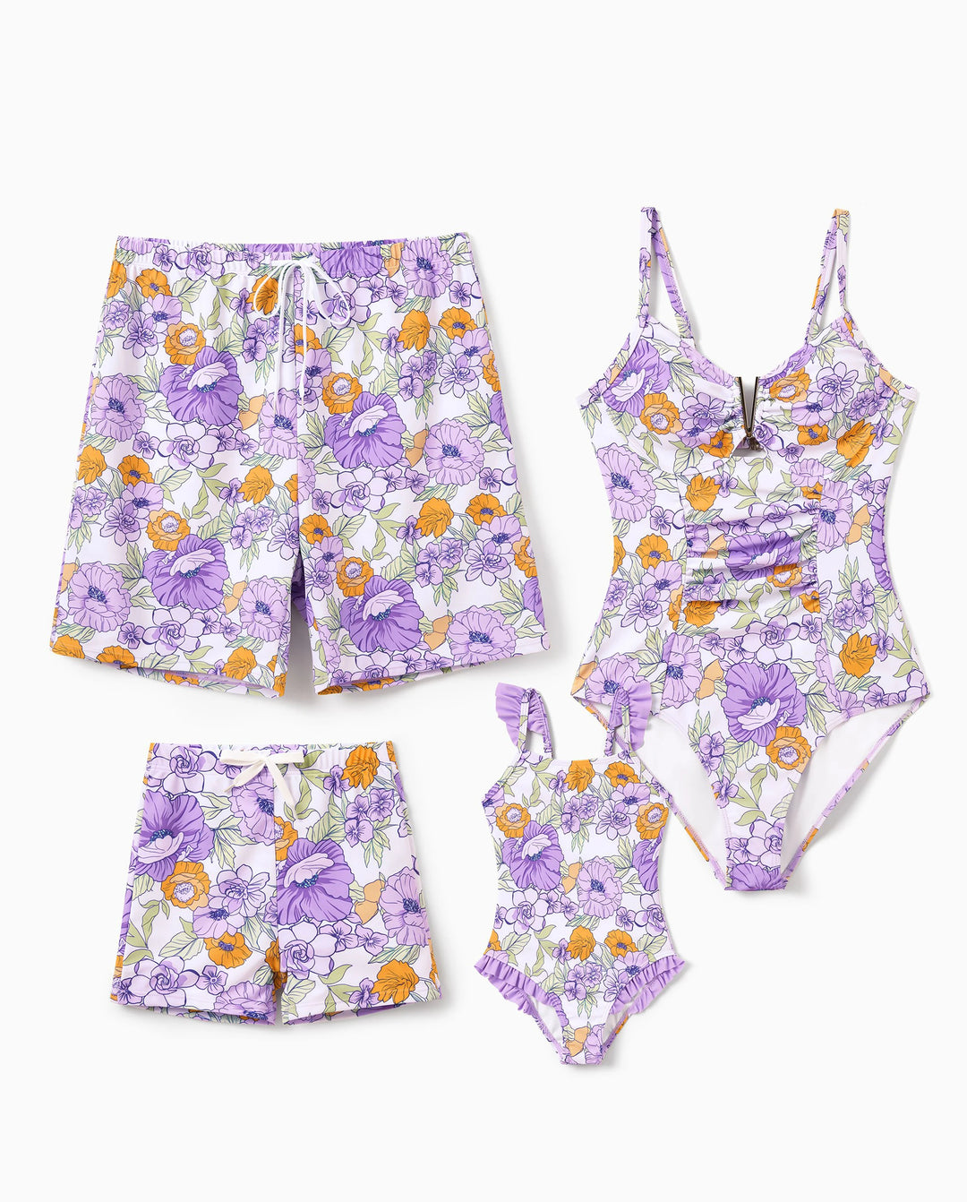Trajes de Baño a Juego para Familia Estampado Floral Traje de Baño de Una Pieza con Volantes y Bañador Corto Morado