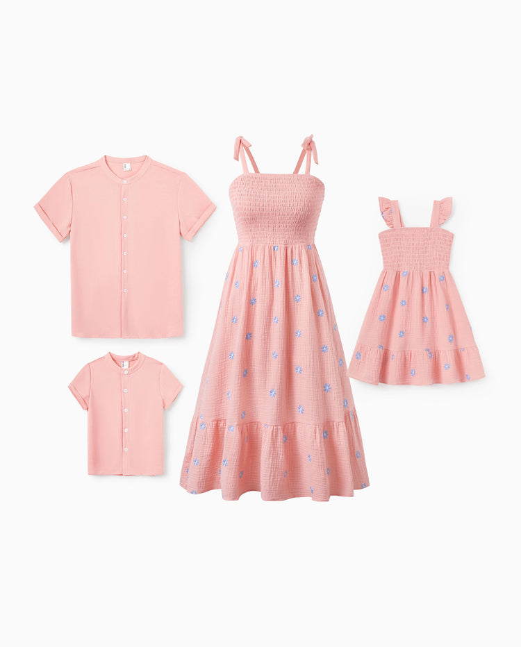 Conjuntos familiares a juego rosa Vestido de algodón fruncido con estampado floral y lazo en la espalda para mamá e hija, camisetas lisas para papá e hijo, perfecto para salidas y fotos familiares en verano Rosa malva