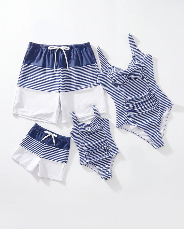 Traje de baño de rayas a juego para toda la familia o traje de baño de una pieza con tirantes azul oscuro y blanco