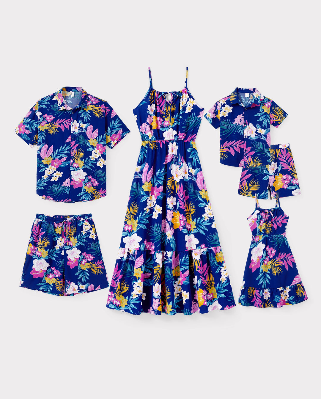 Conjuntos hawaianos familiares a juego: vestido de tirantes con estampado floral tropical o conjunto de camisa y pantalones cortos de manga corta, conjunto de ropa de playa de verano para vacaciones, azul profundo