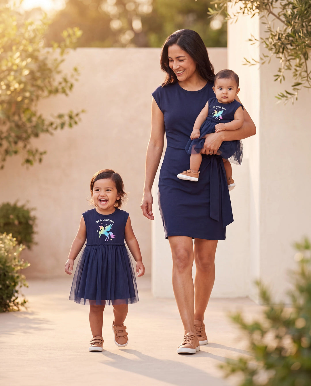 Passende Baumwollkleider für Mama & Ich mit Einhorn-Print und Tüllrock für Mädchen, geknotetes Kleid für Mama, perfekt für Familienausflüge und Fotos, Dunkelblau