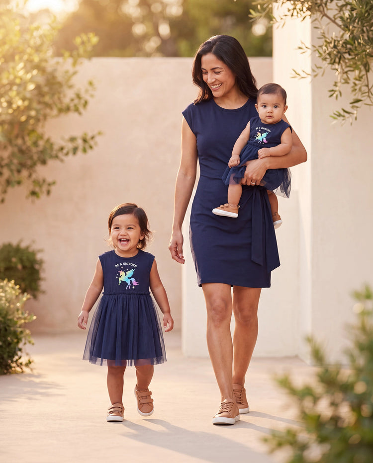 Passende Baumwollkleider für Mama & Ich mit Einhorn-Print und Tüllrock für Mädchen, geknotetes Kleid für Mama, perfekt für Familienausflüge und Fotos, Dunkelblau