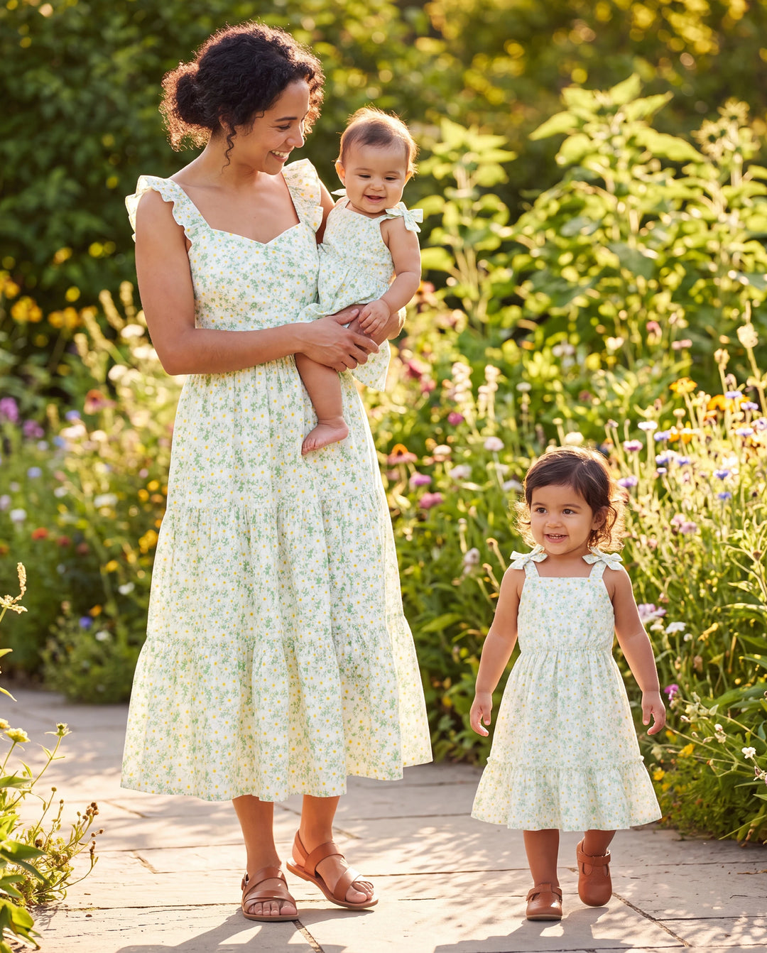 Mommy and Me Floral Dress with Flutter Sleeves Light Green Daisy Print Pale Green