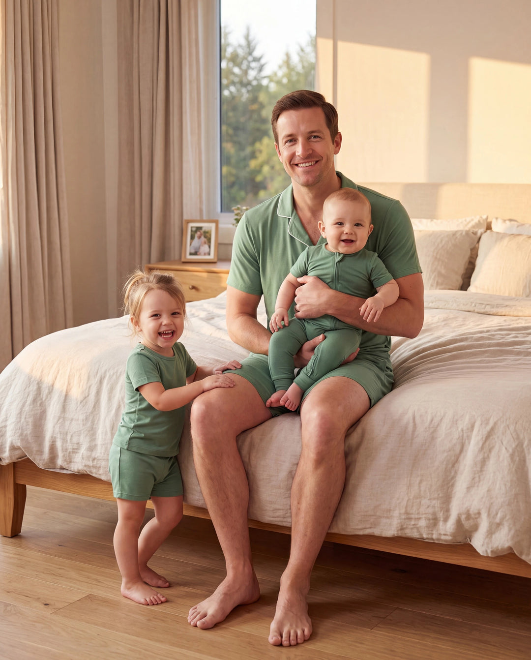 Daddy & Son Bamboo Pajamas Buttery Soft Bamboo Viscose PJs for Men Women Kids Toddler Baby, Solid Color Short Sleeve Shirt & Shorts Sleepwear Green