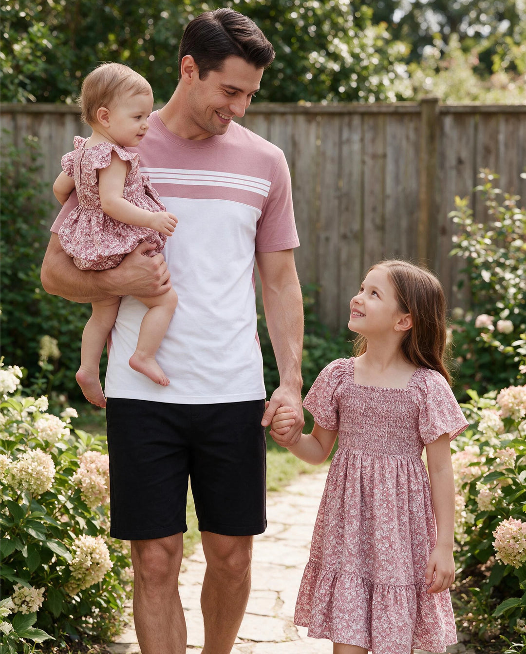 Conjunto de Papá y Hija Camiseta de algodón azul con bloques de color o vestido con fruncido floral y mangas abullonadas Rosa