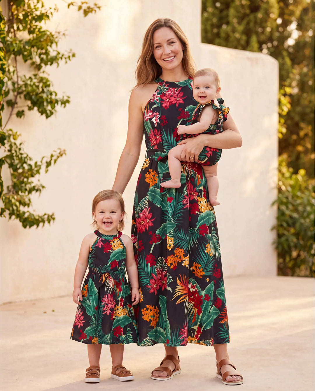 Conjuntos familiares a juego para mamá y yo Vestidos halter con estampado floral de plantas por completo y conjuntos de camisas de manga corta Negro