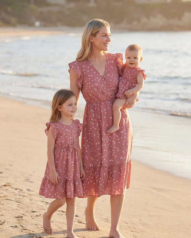 All Over Dots Pink Cross Wrap V Neck Ruffle Flutter-sleeve Dress for Mom and Me PinkyWhite