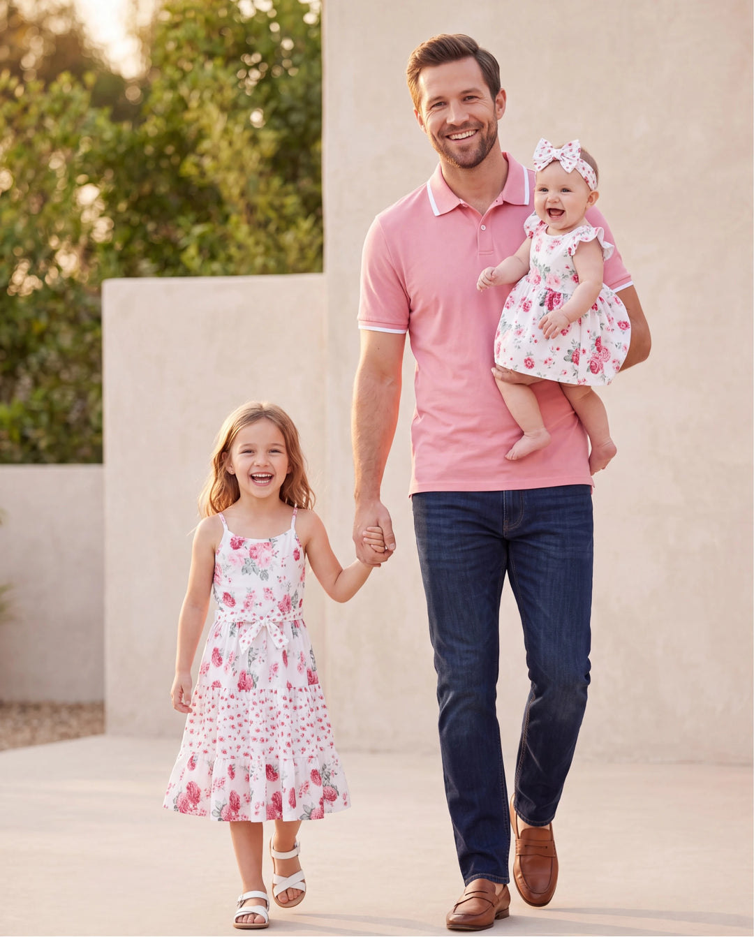 Daddy & Daughter Outfits Set Solid Color Short-sleeve Polo Collar Shirt or Flower Print Hollow out Dress Pink